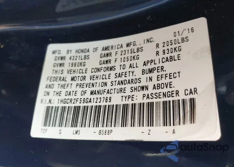 2016 Honda Accord Sport z USA, uszkodzony, nr VIN 1HGCR2F59GA123769